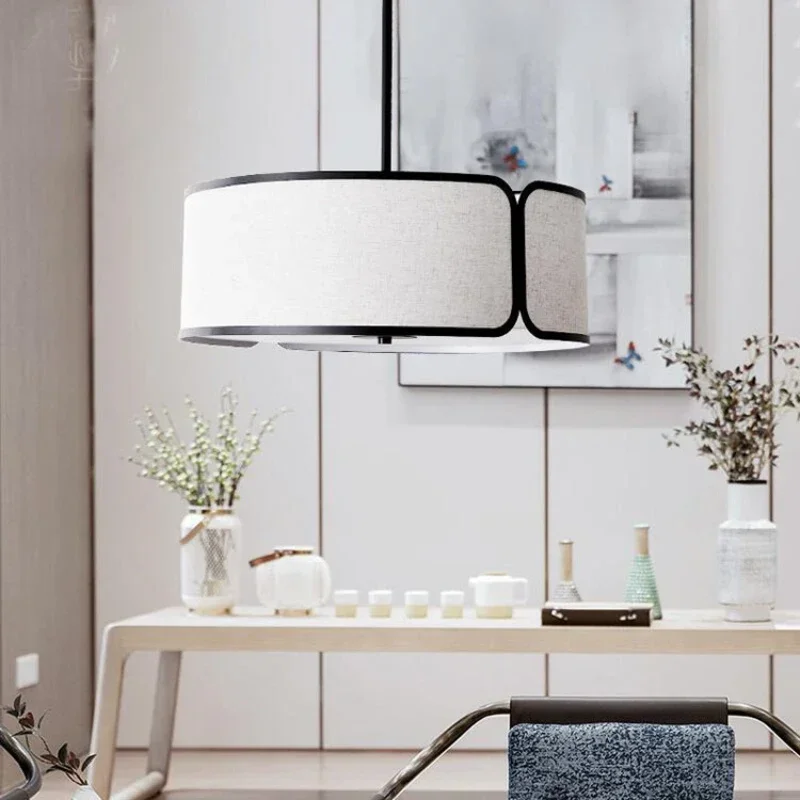 New Chinese Zen Style Circular Fabric Chandelier Modern Retro Simple Living Room Study Restaurant Shop Decoration Pendant Lamp