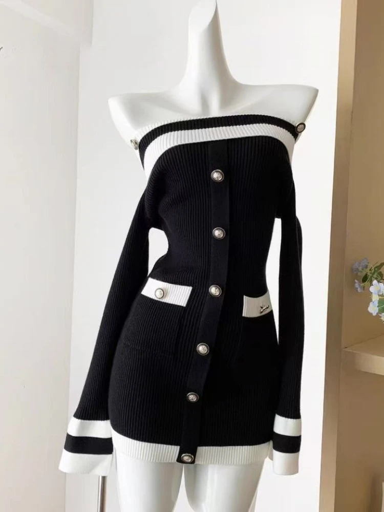Francuskie sukienki dzianinowe z odkrytymi ramionami, seksowne, damskie, jesienno-zimowe, eleganckie, dopasowane mini sukienki, vintage, z długim rękawem, na imprezę, codzienne, wyszczuplające.