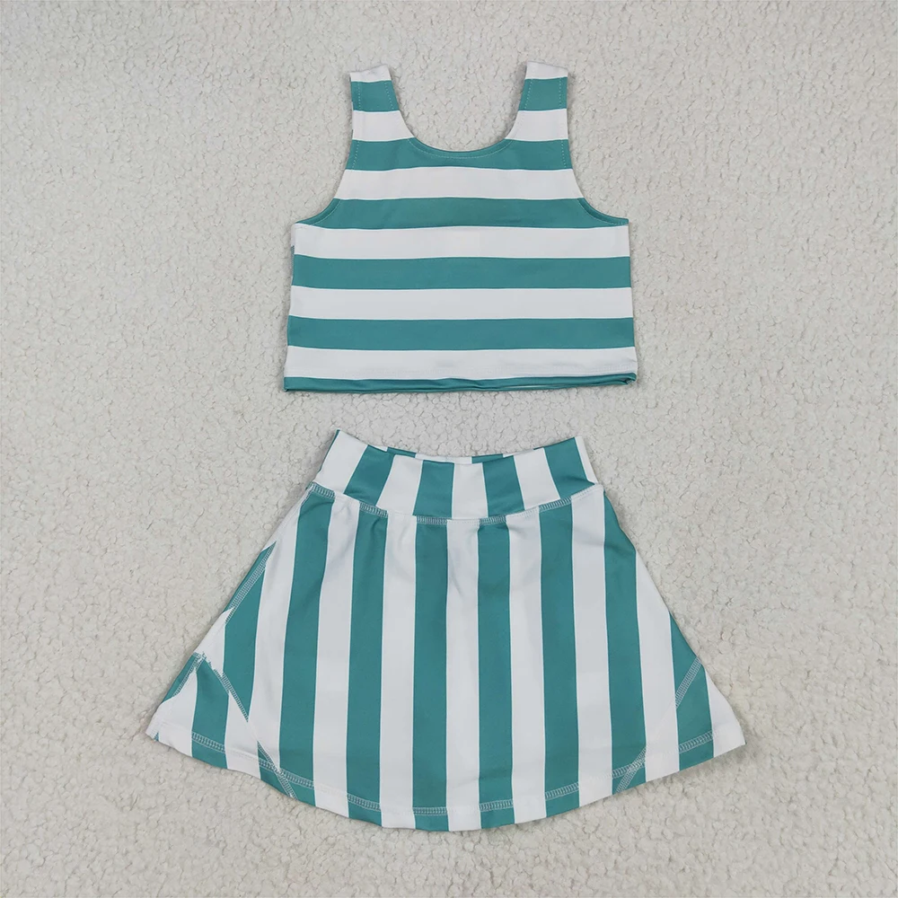 

Baby Girls Sleeveless Green Stripe Top Skort Set Kids Yoga Activewear Set Comfortable Breathable Two-Piece Outfit for Girls