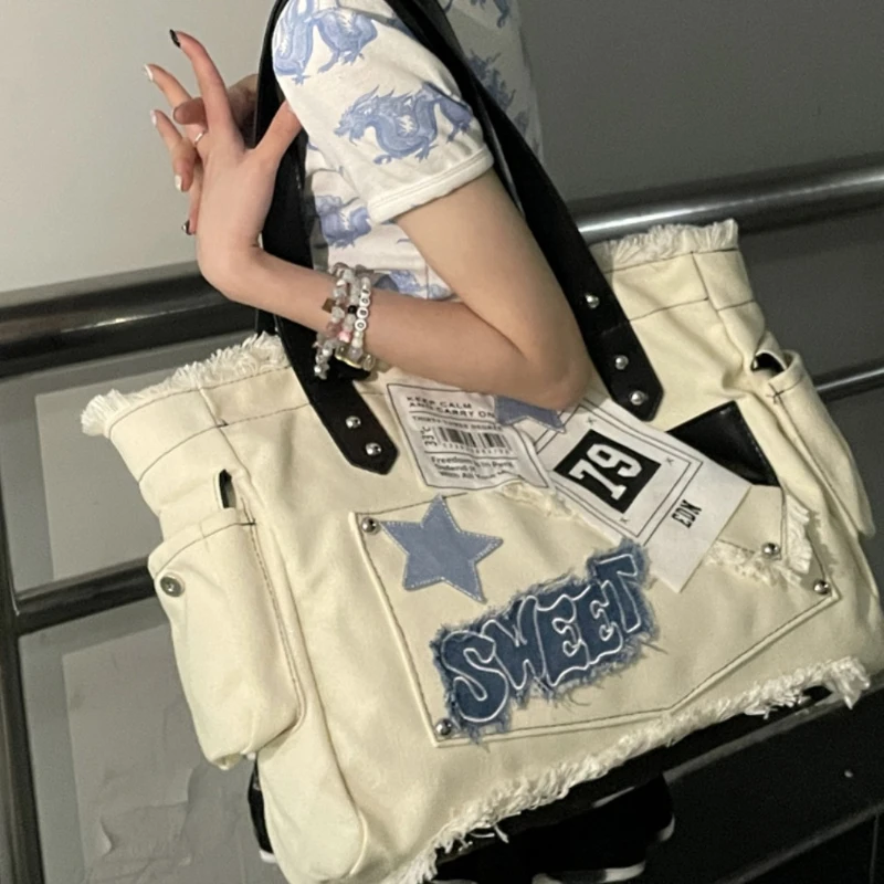 Star Letters Tassel Vintage Canvas Tote Bags Japanese High-capacity Harajuku Shoulder Underarm Bag Women Y2k Aesthetic Handbags