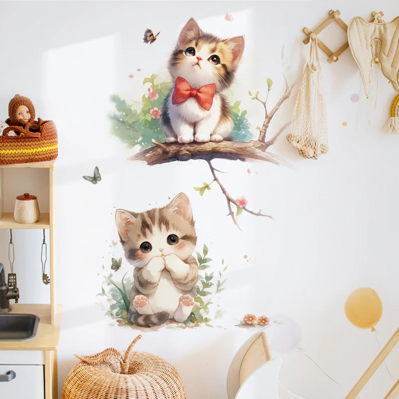 Pvc Panel Background - สติ๊กเกอร์ติดผนังลายแมวและผีเสื้อสีพาสเทลน่ารัก, ตกแต่งพื้นหลังห้องเด็กธีมสัตว์เลี้ยงกิ่งดอกไม้