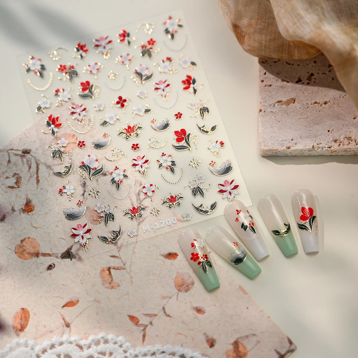 Autocollants Vintage en relief 5D, fleurs blanches et rouges, bord doré, lune, perle, Nectlace, Nail Art, décalcomanies de manucure, breloques chinois élégantes