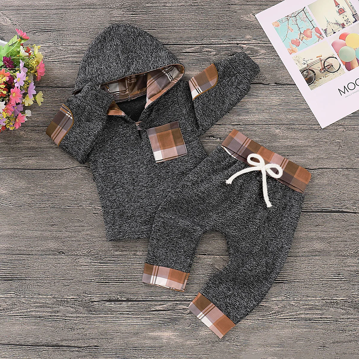 Newborn Baby Boy Clothes Autumn and Winter Plaid Hoodie Outfits Kids Long Sleeve Suit Casual children\'s Costume Infant Clothing