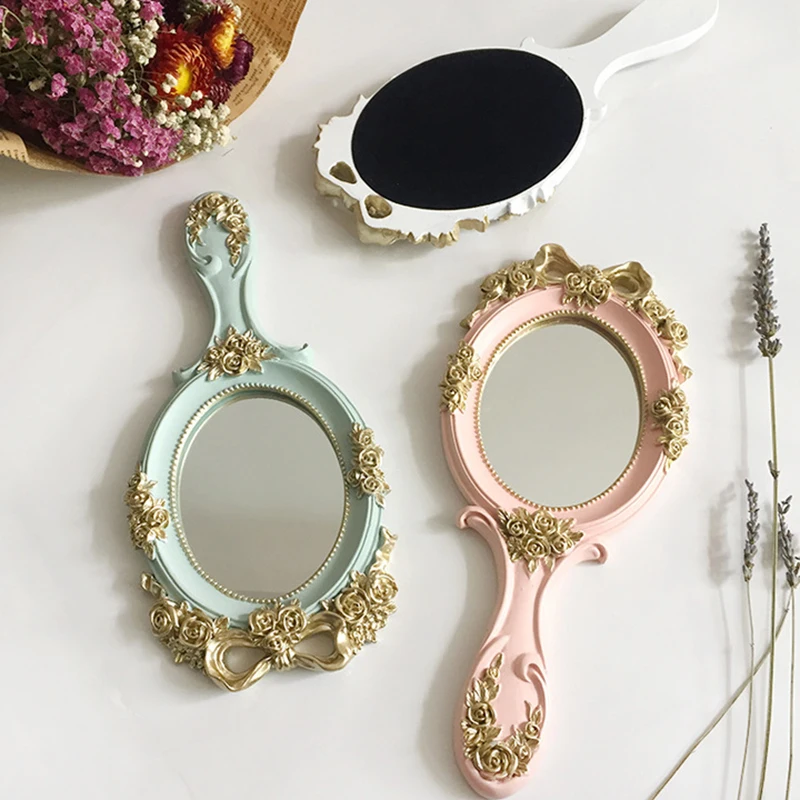 DSHOU317 European Palace Style Vintage Handheld Roses Mirror Princess Women Girls Oval Vanity Makeup Cosmetic Tool