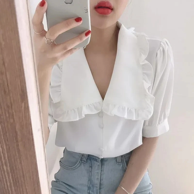 Chic Peter Pan Collar Chiffon Shirt Women Summer Retro Loose Short-sleeved Blouse Female Kawaii Yellow Tops Mujer 2024 New