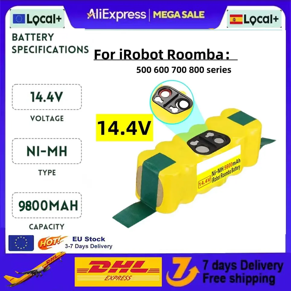 Batterie de remplacement Firstpower 9800mAh 14.4V compatible avec Roomba, batterie R3, séries 500, 600, 700, 800, 900, 510, 620, 760, 800, 870