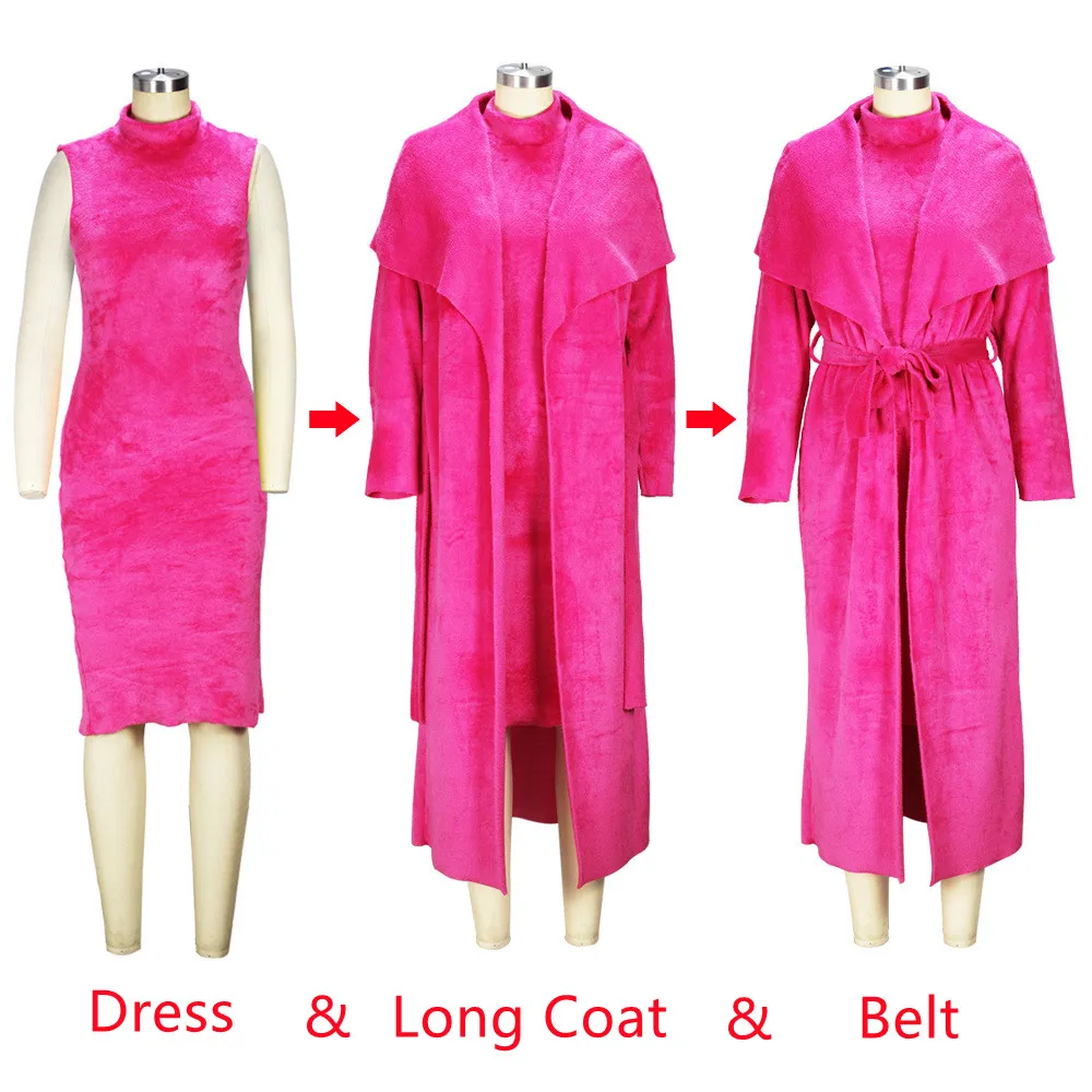 Ladies Fuzzy Fluffy Sleeveless Dress & Cardigan Coat Two Piece Set Women Winter Bodycon Plus Size Dresses And Long Coat Outfit