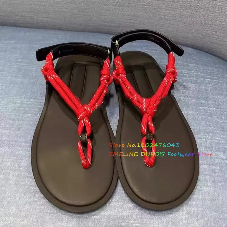 Cord Strap Leather Sandals Women Round Toe Spring 2024 New Flat Flip Flop Clip Toe Vacation Beach Flat Bottomed Sandals