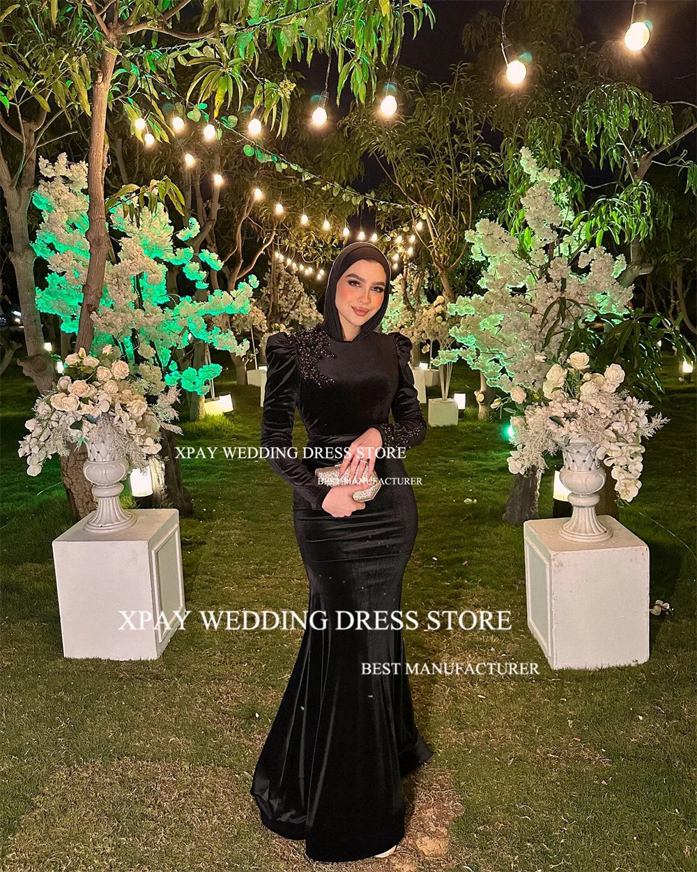 XPAY Luxury Black Velvet Mermaid Evening Dresses Beadings Dubai Arabic Women Muslim Long Sleeves Formal Celebrity Prom Gowns