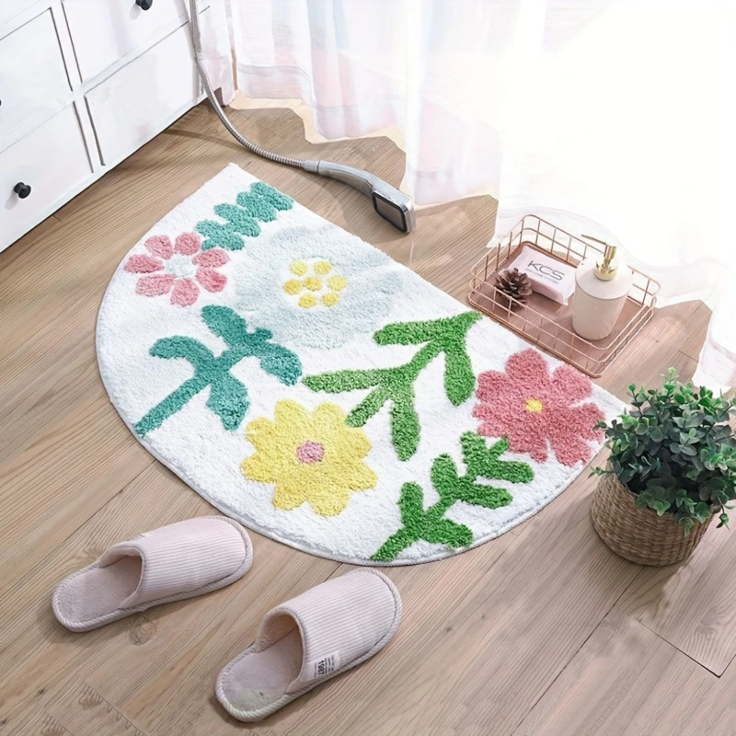 1pc Semi-Circular Bath Mat, 23.6x15.7 Inches, Colorful Floral Design, Absorbent Microfiber, Non-Slip Mat, Machine Washable, Deco