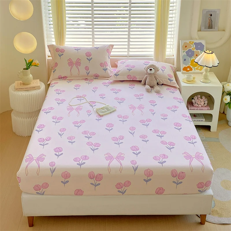 

3pcs Cotton Thick Pink Tulip Fitted Sheet Set for Girls Women Bedroom Decoration, Cartoon Bow Pattern Kids Skin-friendly Bedding