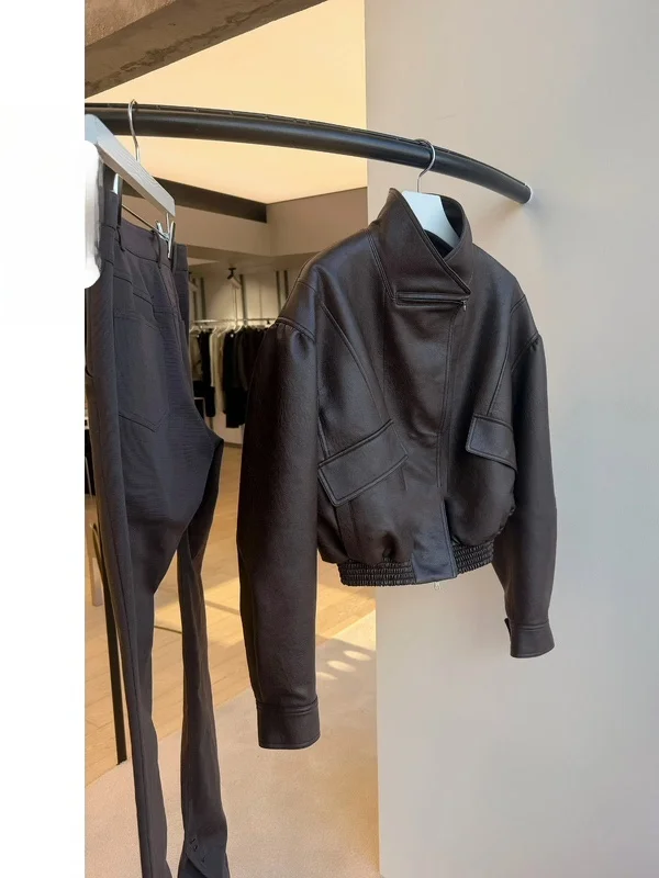 

Slim Fit Short Soft Leather Jacket Zipper Collar Autumn Winter Outerwear Women's Business Casual Style Heidd Brand