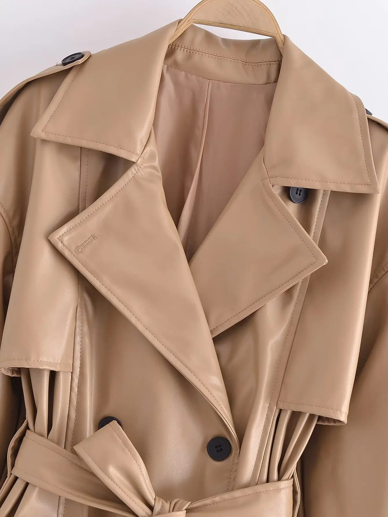 Brand Spring Autumn Long Faux Leather Trench Coat for Women Belt Double Breasted Luxury Elegant Khaki Leather Jacket Women Coat