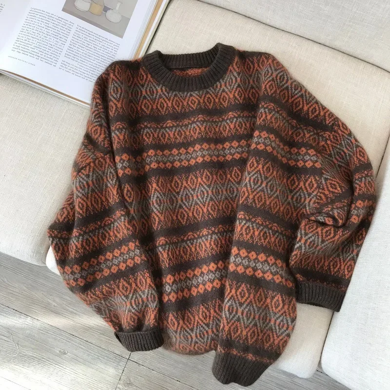 Horizontal Strip with Jacquard Sweater Women's New Winter Korean Version of Fashion Bright Silk Loose Plus Fat Striped Y2k