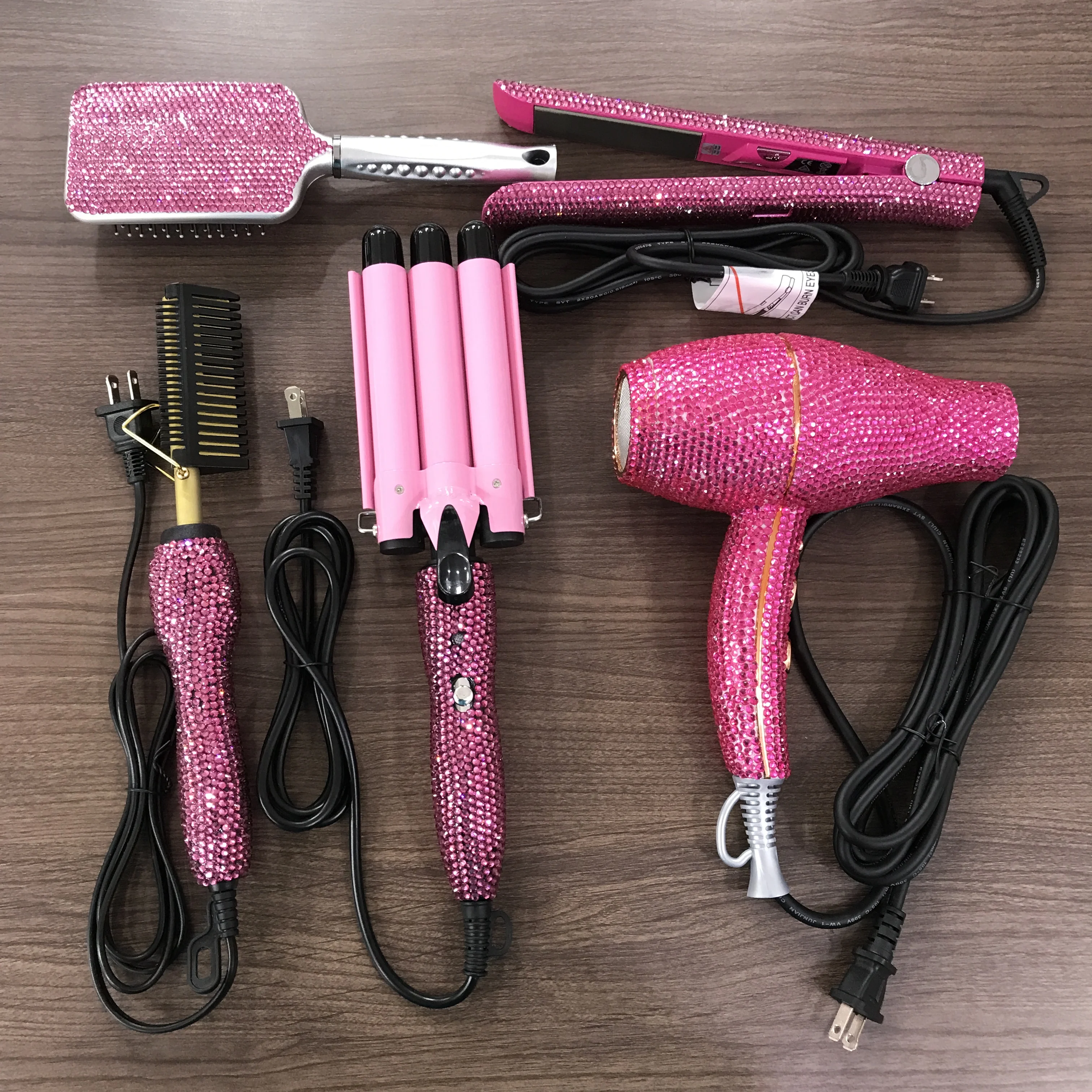 Crystal bling curling iron glitter hairdressing tool set flat iron and brush and dryer hot comb and crimp and 5 in1 curler Set