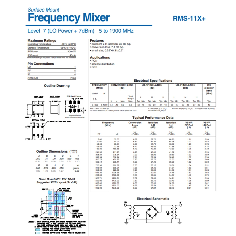 2 قطعة RMS-11X 5 - 1900 ميجا هرتز RMS-11F 350 - 2000 ميجا هرتز RF محول تردد SMT خلاط مزدوج متوازن