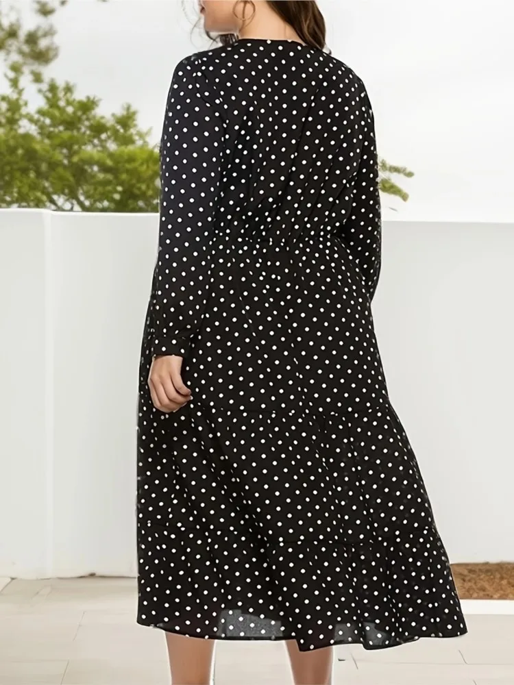 Robe imprimée à pois pour femmes, grande taille, col en V, volants, plissée, mode, slim, taille haute, robes pour dames, automne