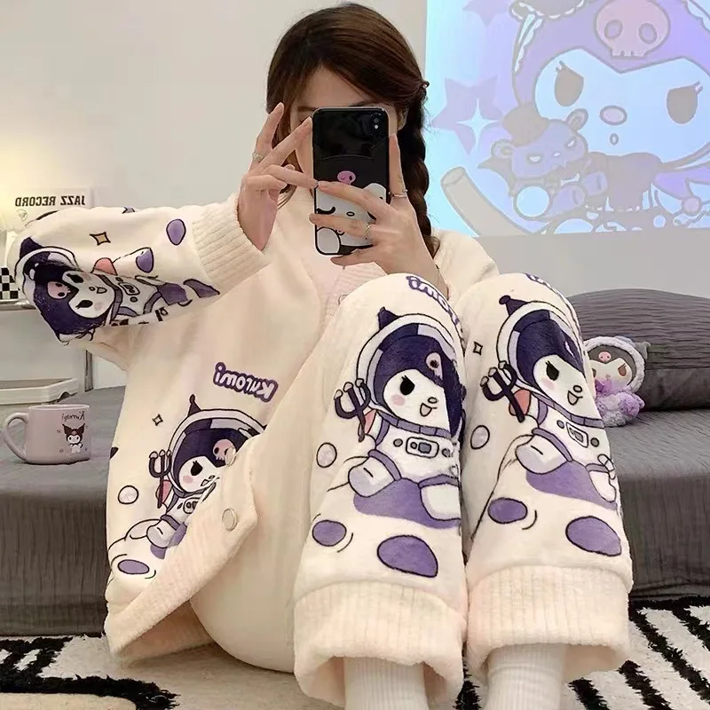 Cartoon Coral Fleece Flannel Kuromi Cinnamoroll Pajamas Loungewear Set Women Winter Autumn Home Hello Kitty Thick Nightwear Cute