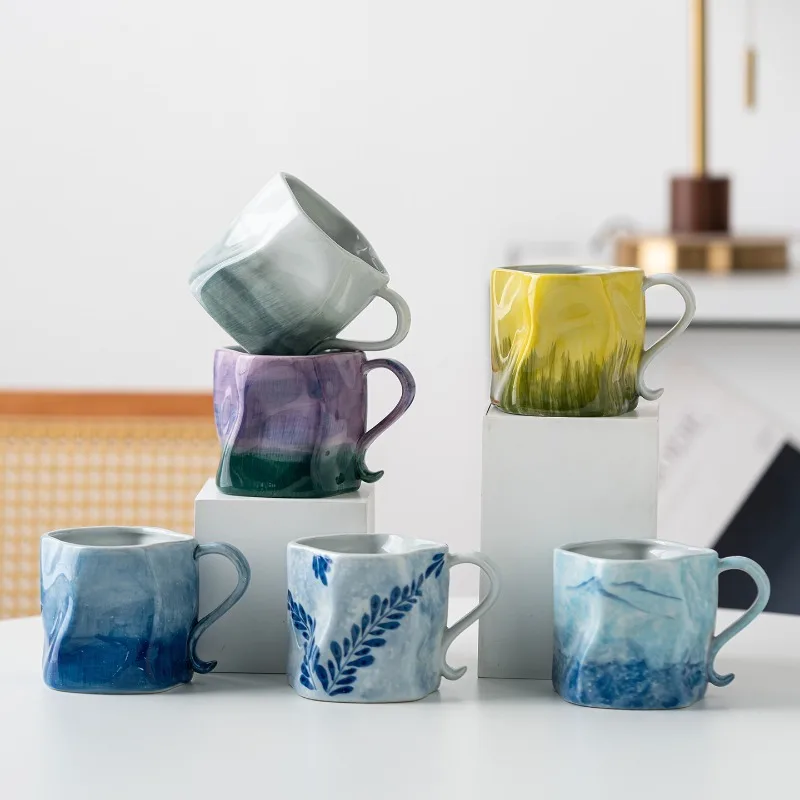 

New Chinese-style Hand-painted Ceramic Irregular-shaped Coffee Cups, Underglaze Colored Water Cups, Mugs, Couple Cups