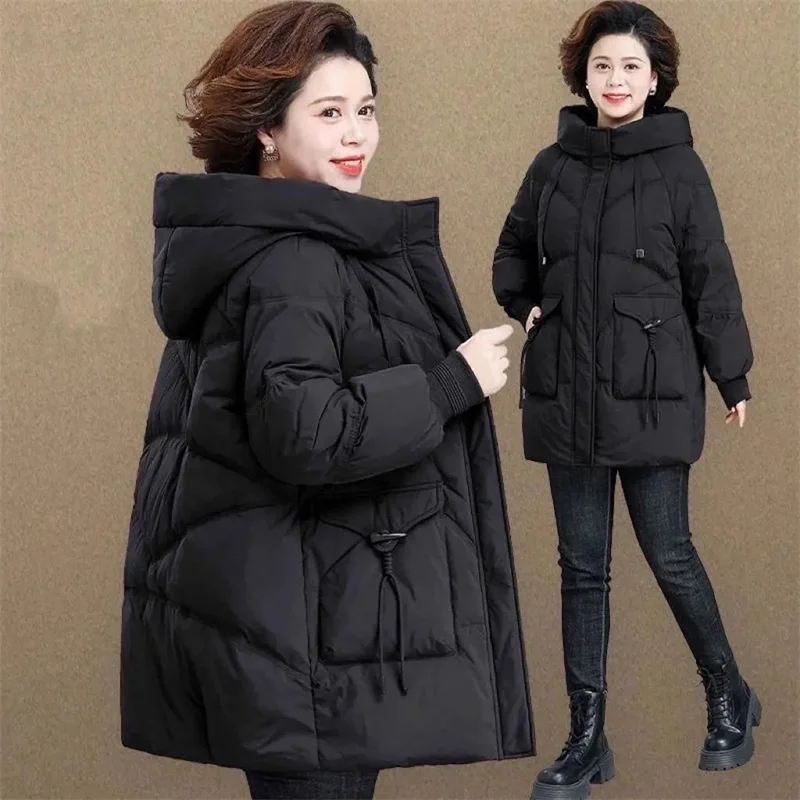 Korean Female Large Size 4XL Puffer Jacket Winter Ladies Hooded Down Cotton Outwear 2025 Women Medium Long Styles Parkas Coat