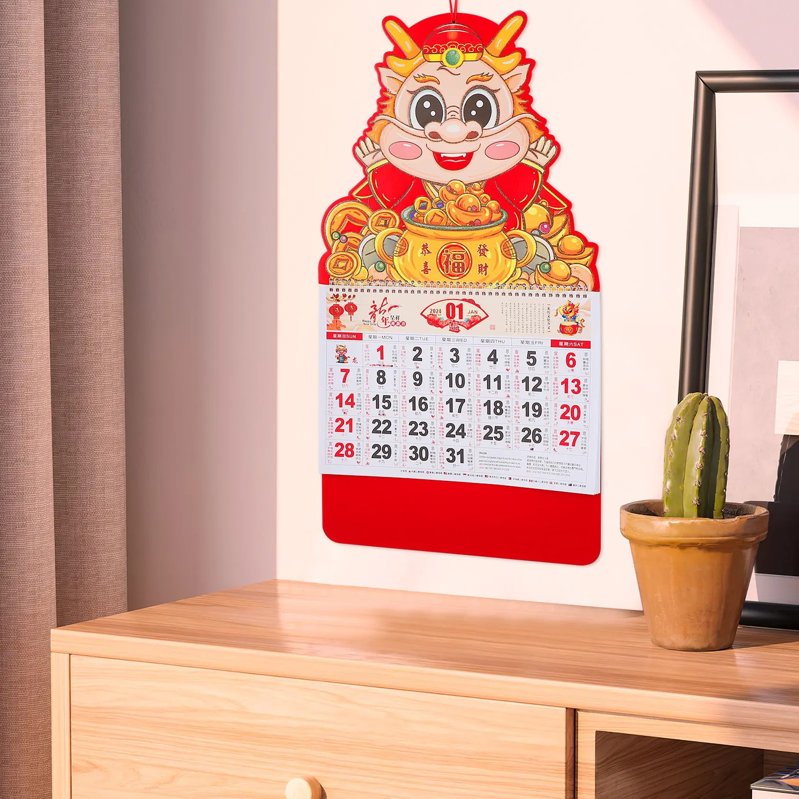 Traditional Hanging Calendar 2024 Large Wall Calendar Red Thickened Paper Chinese New Year Year of Dragon Lunar Design for Home