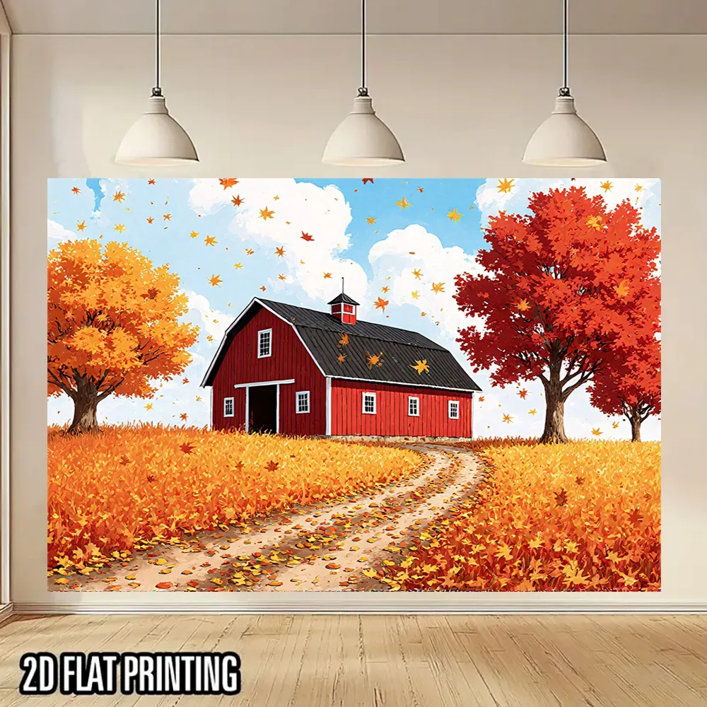2D Flat, 1pc Autumn Cottage Wall Art Banner - Red Barn & White House with Golden-Yellow Trees, Red Leaves - UV Printed for Farmh