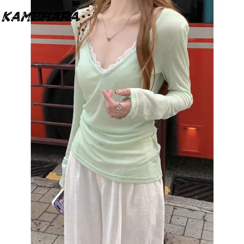 Camisas KAMEHARA Mint Mambo Style verdes con cuello en V y manga larga, estilo Y2K, para primavera y verano, subcultura, en capas, informales, con protección solar.