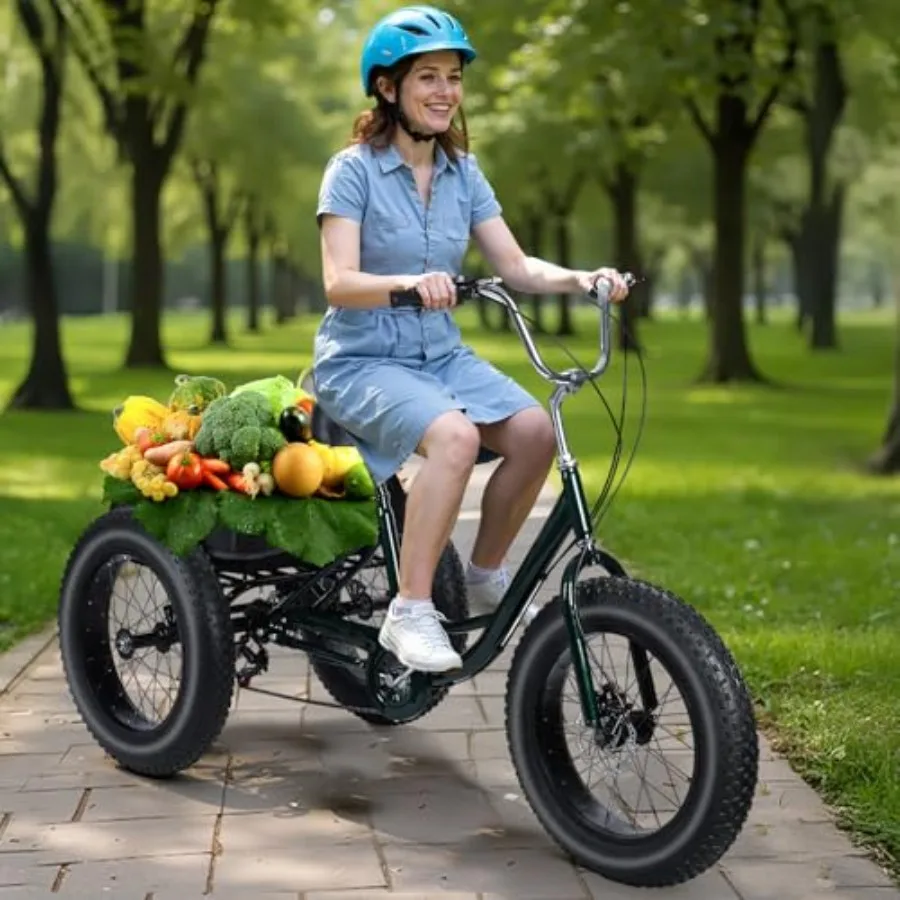 

7-Speed Adult Tricycle for Picnic Shopping and Seniors: 20 Inch Fat Tires, Black Steel Frame, Stable 3-Wheel Design with Large