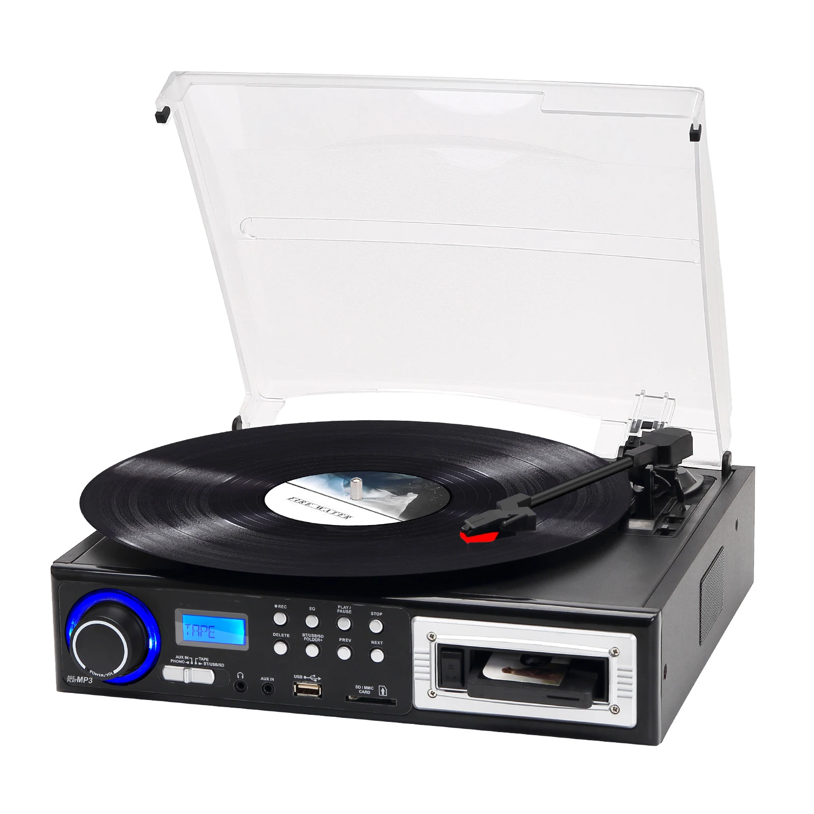 

Multifunction 3 Speed Vinyl Record Player with Cassette Tape USB SD MP3 Playback and Recording Built in Speakers for Home