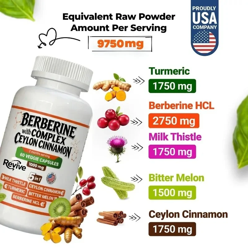 Berberine Supplement Contains Ceylon Cinnamon, Milk Thistle, Turmeric, Bitter Melon Complex 1000mg 60 Capsules