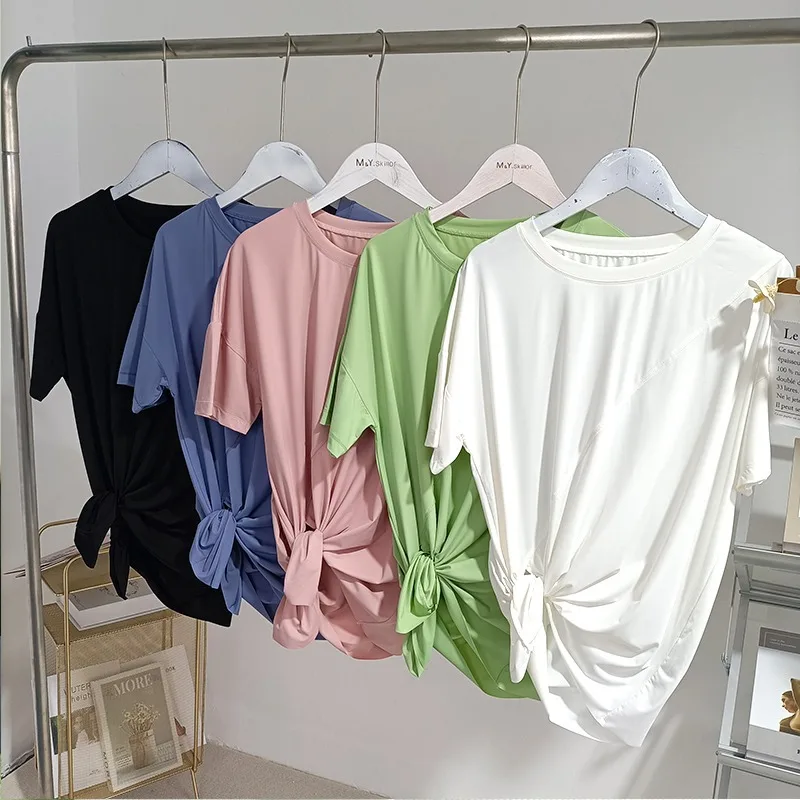 

Women's Loose-fit Yoga Top Short Sleeves T-shirt Summer New Side Slit Round Neck Pullover Trendy Sportswear Yoga Tops Women 2025