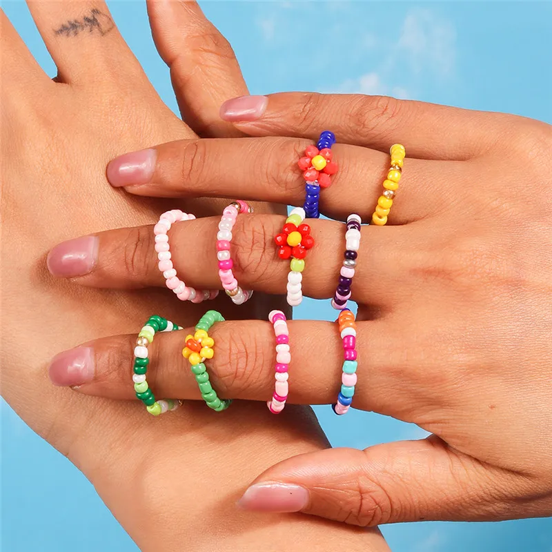 Aihua Koreanische Bunte Kleine Blume Ring Sets Böhmen Handgemachte Multi Perlen Reis Perlen Finger Ring Für Frauen Strand Schmuck Geschenke – Detail 6