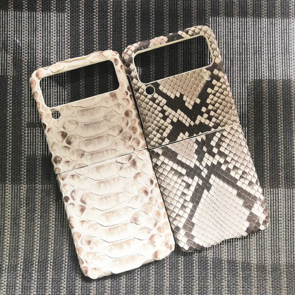 2in1 100% Genuine Python Leather Phone Case For Samsung Galaxy Z Flip 5 4 3 Flip3 5G Real Snakeskin Shockproof Armor Back Cover