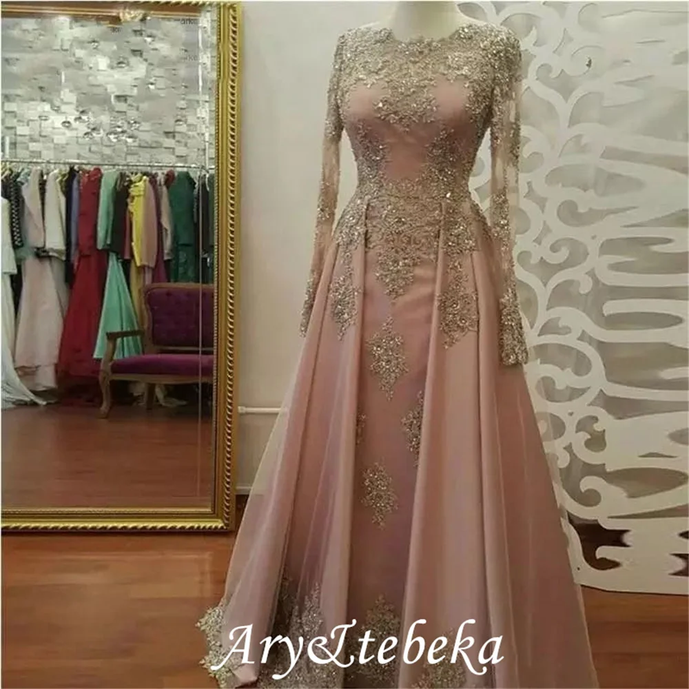 Blush Rose Gold ชุดราตรียาวชุดผู้หญิงสวมใส่ลูกไม้ Appliques คริสตัล Abiye ดูไบ Caftan มุสลิมปาร์ตี้พรหม