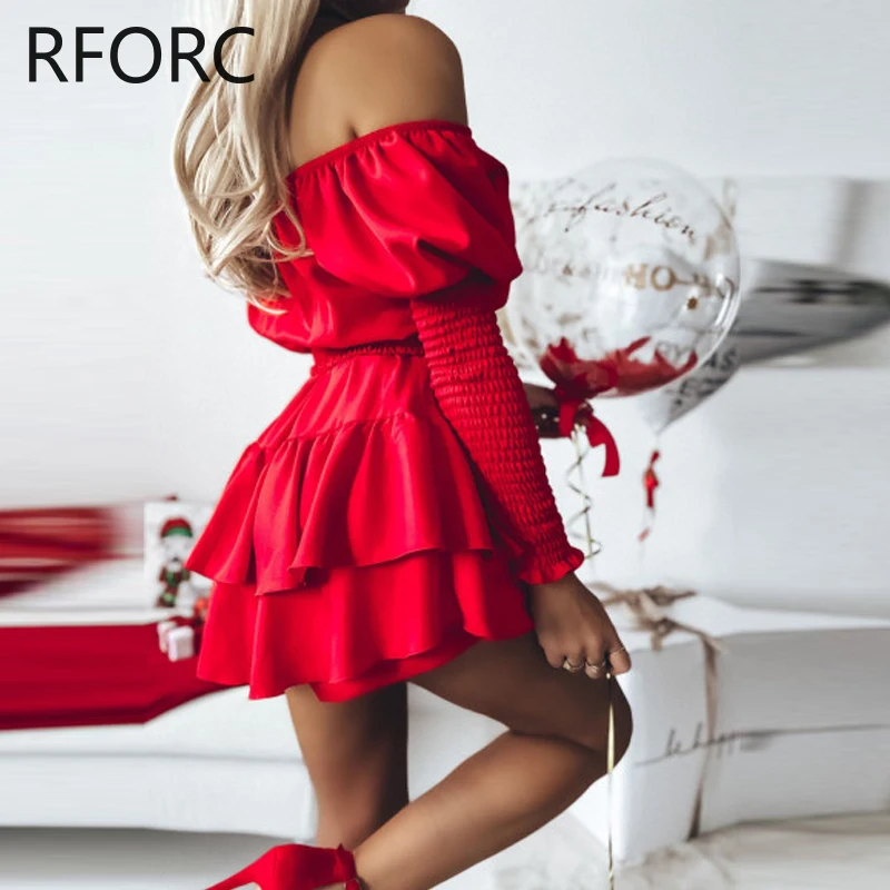 2023 Women Solid Off Shoulder Long Sleeves with Elastic Belts Ruffle Hem Mini Red Dress