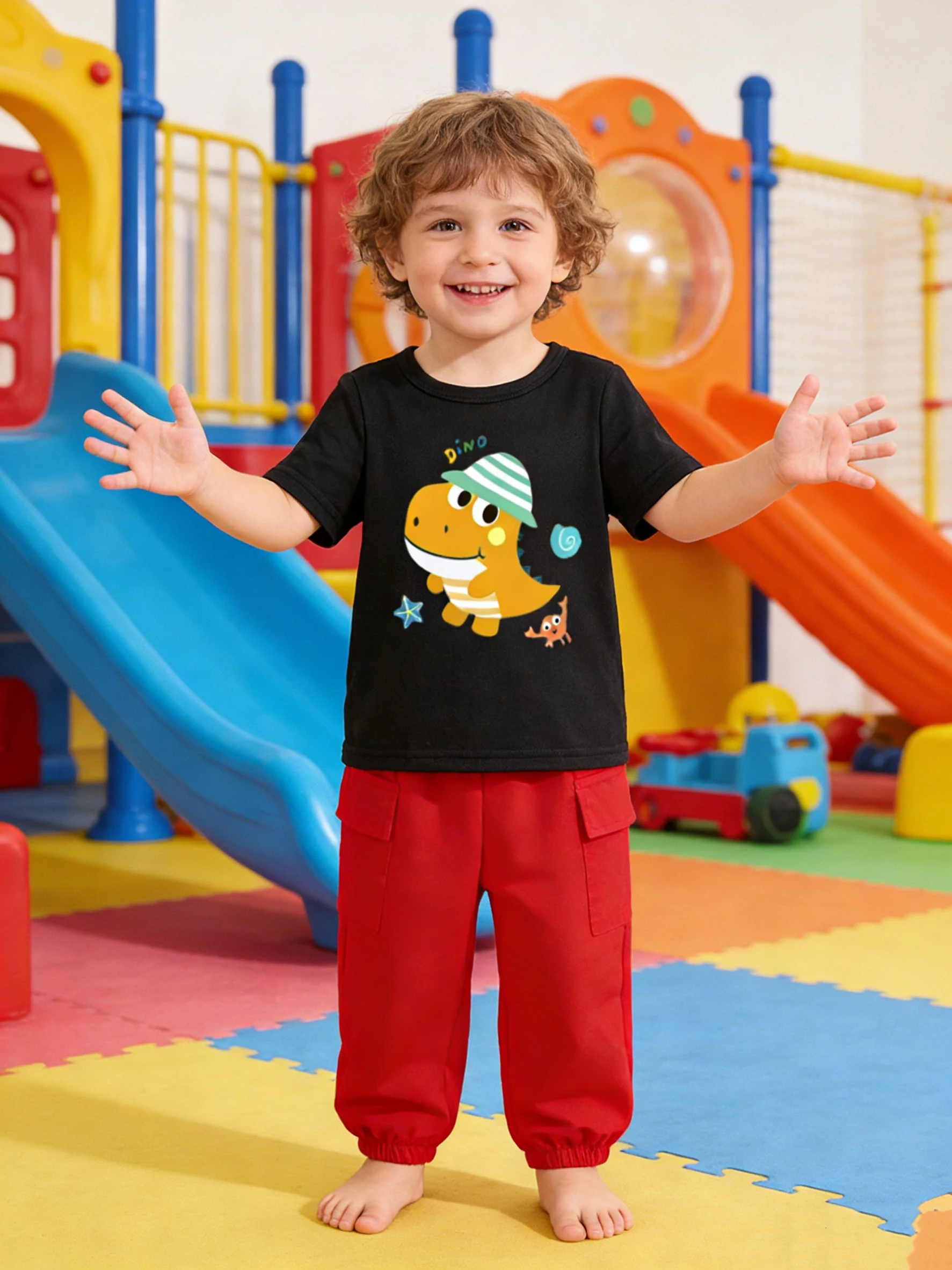 

Энергический черно-красный контрастный комплект с рисунком динозавра из двух предметов для маленьких мальчиков