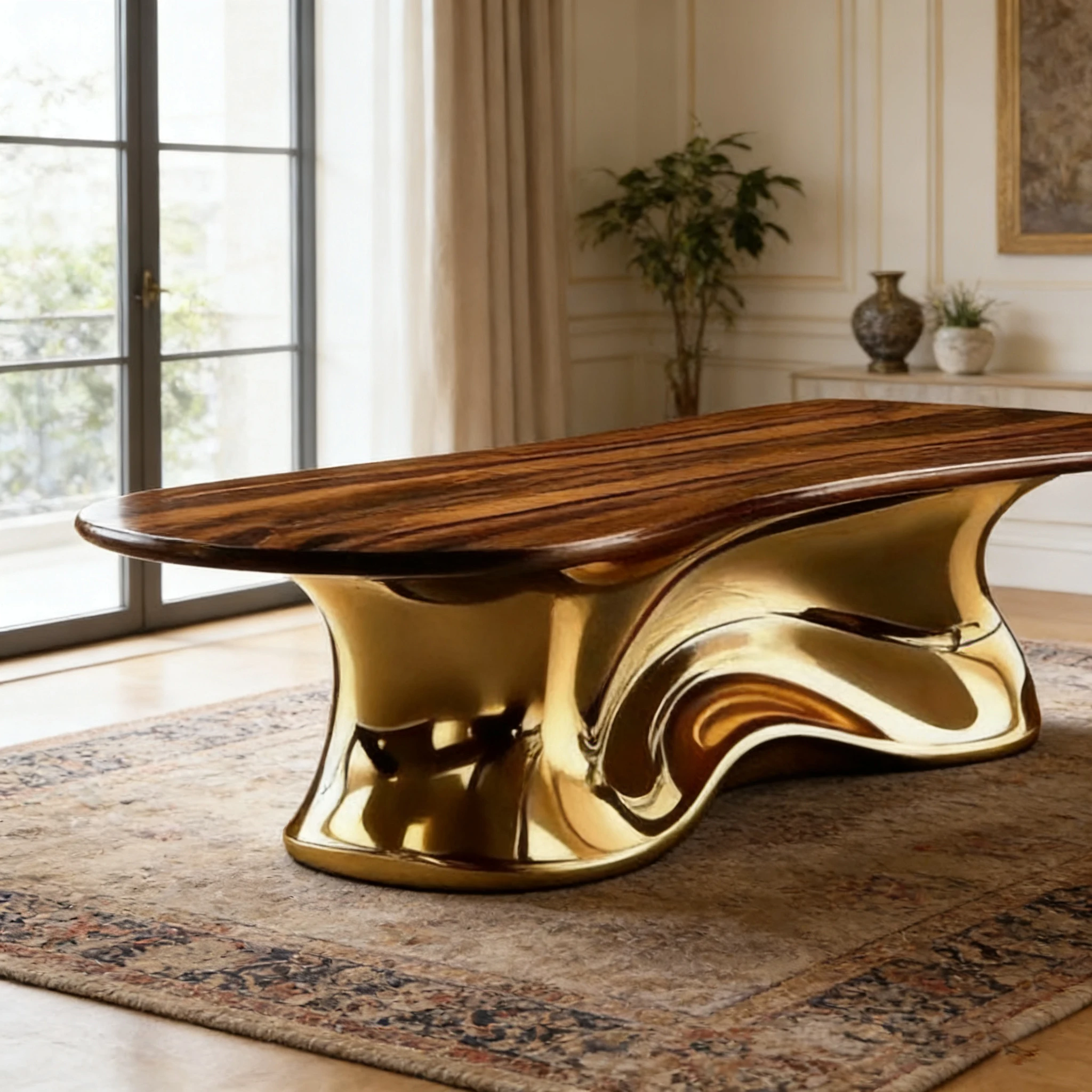 S*-Organic Shape Table with Polished Gold Base Polished Gold Sculpture Dining Table Luxury Living Room