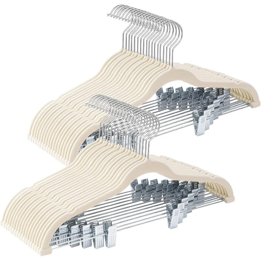 

36 упаковок бежевых бархатных вешалок с зажимами для регулируемого использования для взрослых, сверхпрочные фетровые нескользящие тонкие вешалки, компактные вешалки, идеально подходят для