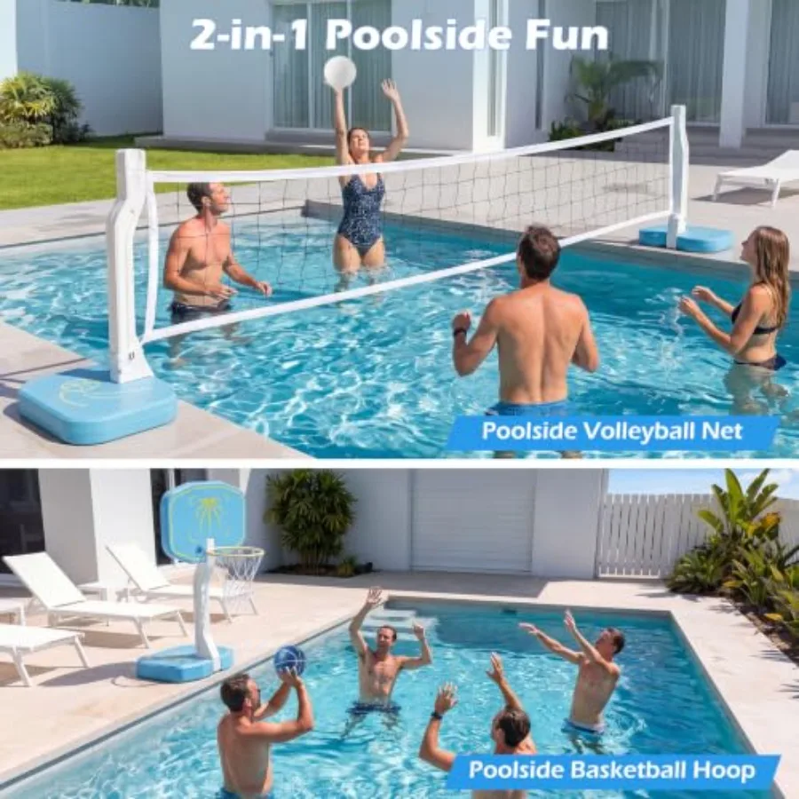 Pool Basketball Hoop Volleyball Net 2-in-1 Set for Inground Pools, Sky Blue PVC with UV Protection, Includes 3 Balls, Pump, and