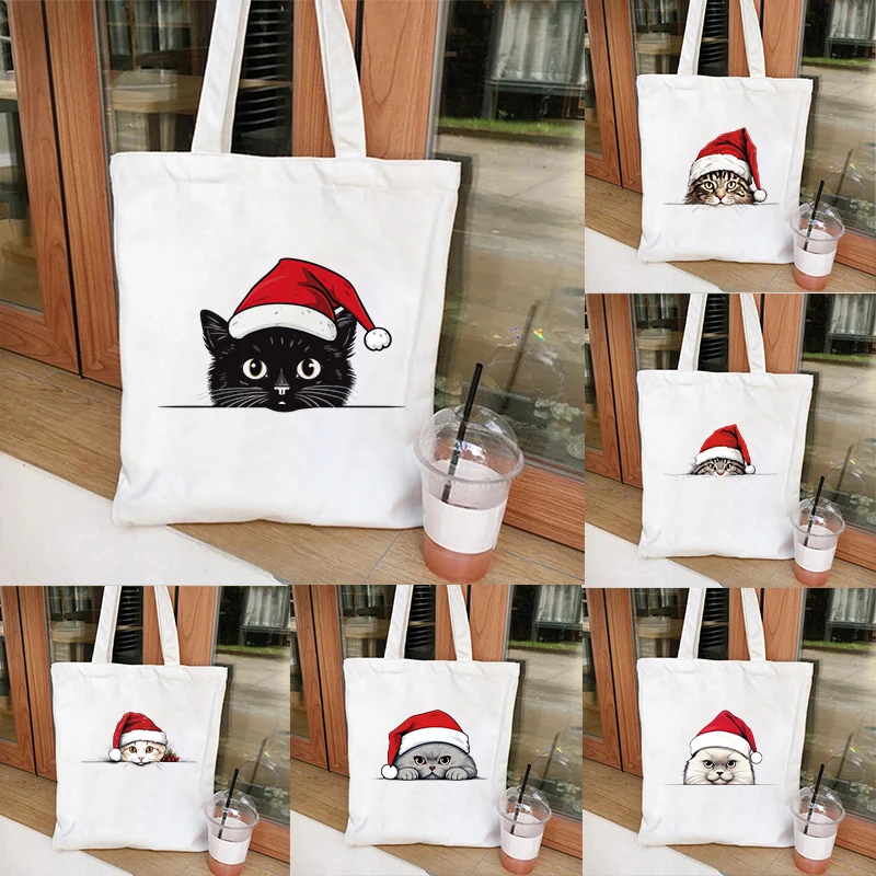 Canvas Women Handbags Christmas Cat Print Tote Bag Shopping Bags Reusable Shoulder Bag for Student Teen Christmas Gift Handbags