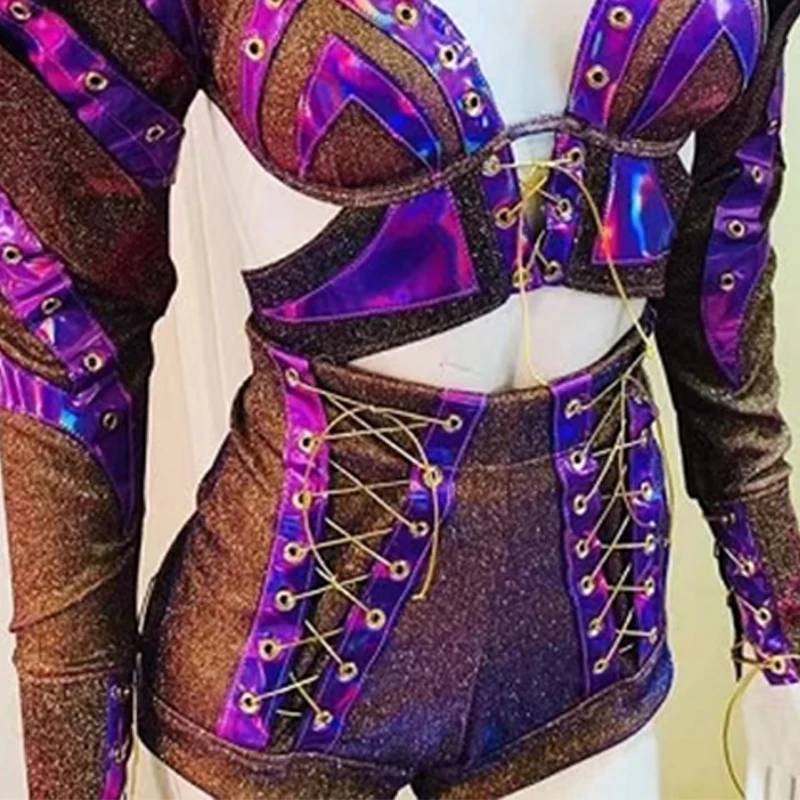 Exaggerated Stage Costume Flying Shoulder Hollow Out Bodysuit Drag Queen Costume Purple Laser Rave Gogo Dance Clothes