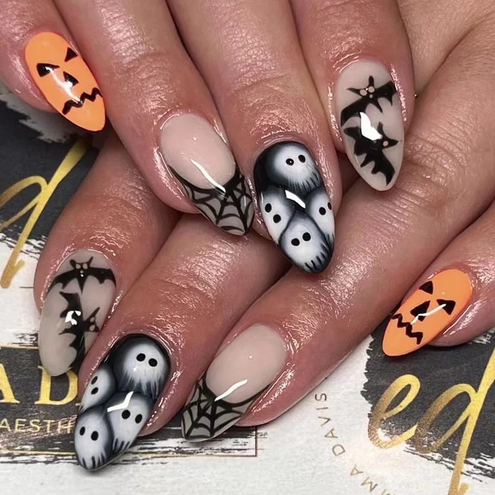 Uñas postizas con forma de almendra de Halloween, pegatina reutilizable para uñas, brillante, murciélago negro, calabaza, fantasma, Araña, 24 unids/lote por caja