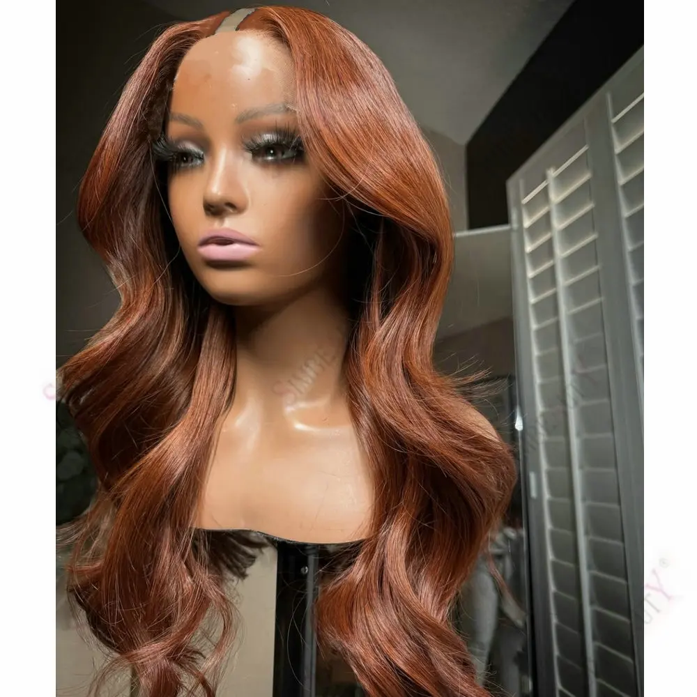 Natürliche gewellte kupferbraune U-Part-Perücke aus Echthaar für schwarze Frauen, einfach zu tragen, orangebraun, 1x4 Größe, V-Part-Perücke aus Echthaar mit Clips – Detail 2
