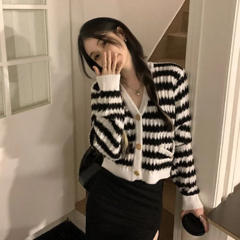 Cardigan Women Korean Style All-match Knitting Sweater Autumn New Arrival Striped Vintage Long Sleeve Daily Harajuku Students