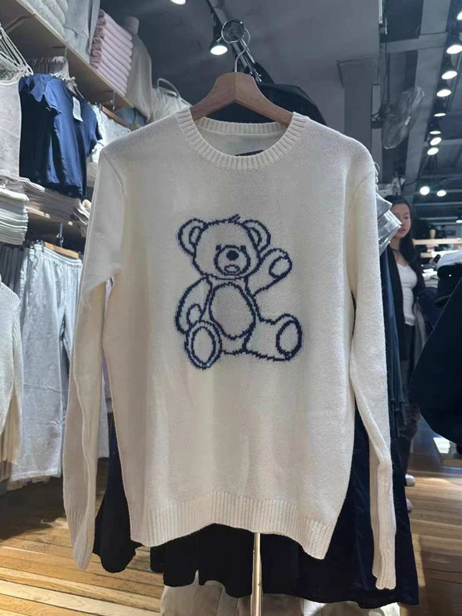 Cute Bears Jacquard Knit Sweaters Woman Spring O-neck Long Sleeve Cotton Jumper Vintage Sweet Preppy Style Pull Sweater Y2k Tops