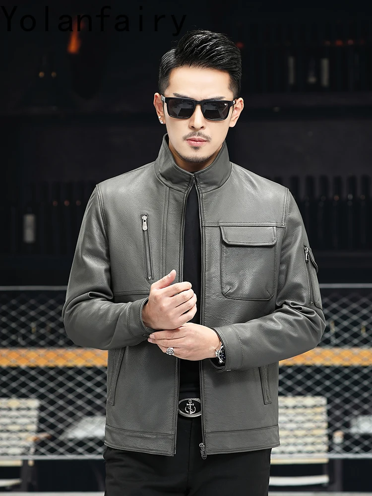 YOLANFAIRY Real Sheepskin Genuine Leather Jacket Man 2025 Spring and Autumn Stand-up Collar Short Grey Casual Jackets and Coats