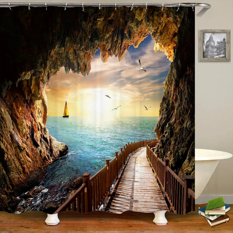 Sunlight Ocean Beach Fabric Shower Curtain Bathroom Curtains Sunset Dusk Sea large Size 300x180CM ​Bath Screen with 12 Hooks