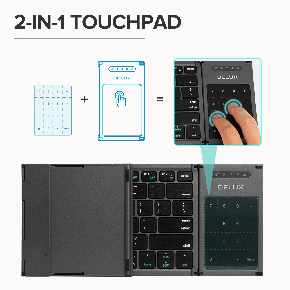 Imagem -02 - Delux-teclado Ultra-slim Dobrável sem Fio Bluetooth Tamanho Grande em Touchpad Suporte Multi Dispositivos