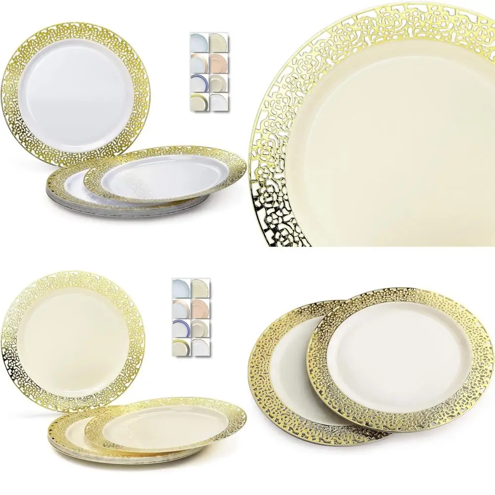 

Тяжелые одноразовые пластиковые тарелки для свадебной вечеринки, упаковка 60, размер ужина 10,25, белый и золотой дизайн, элегантные предметы первой необходимости