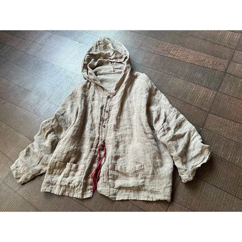 2024 Spring Summer Raime Linen Broad New Hooded Shirt Women Hemp Fabric Casual Hoodie Blouse Mori Girl Vintage Cropped Coat